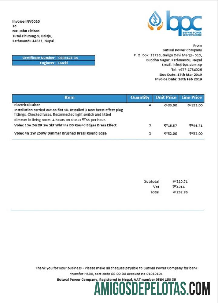 Para baixar modelo de conta de serviços públicos de eletricidade limitada da Nepal Butwal Power Company em formato Word e PDF